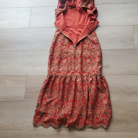 just me floral lace dress Just Me White Floral Lace Embroidered Puff Sleeve Tiered Midi A-Line Dress Sz S main image 1